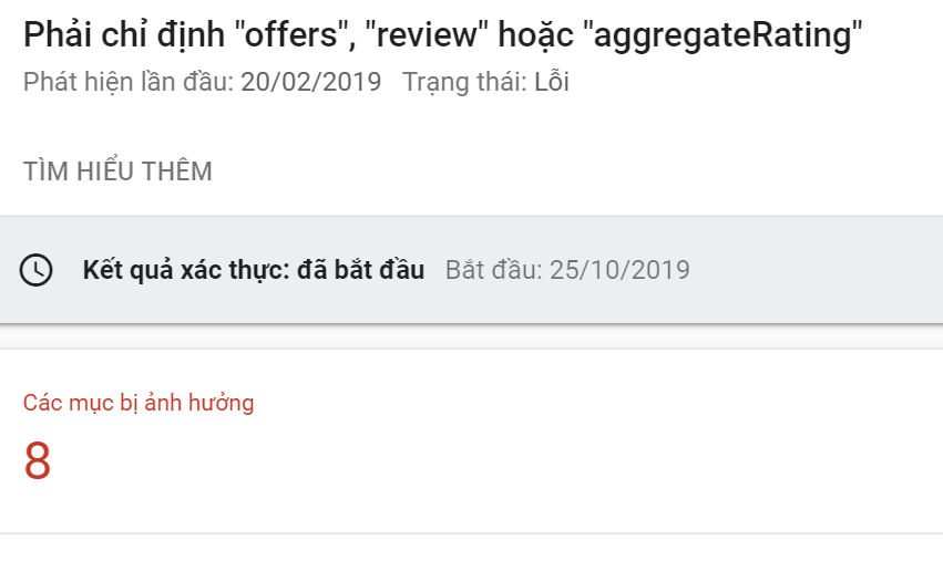 Lỗi Phải chỉ định "offers" "review" hoặc "aggregateRating" 
