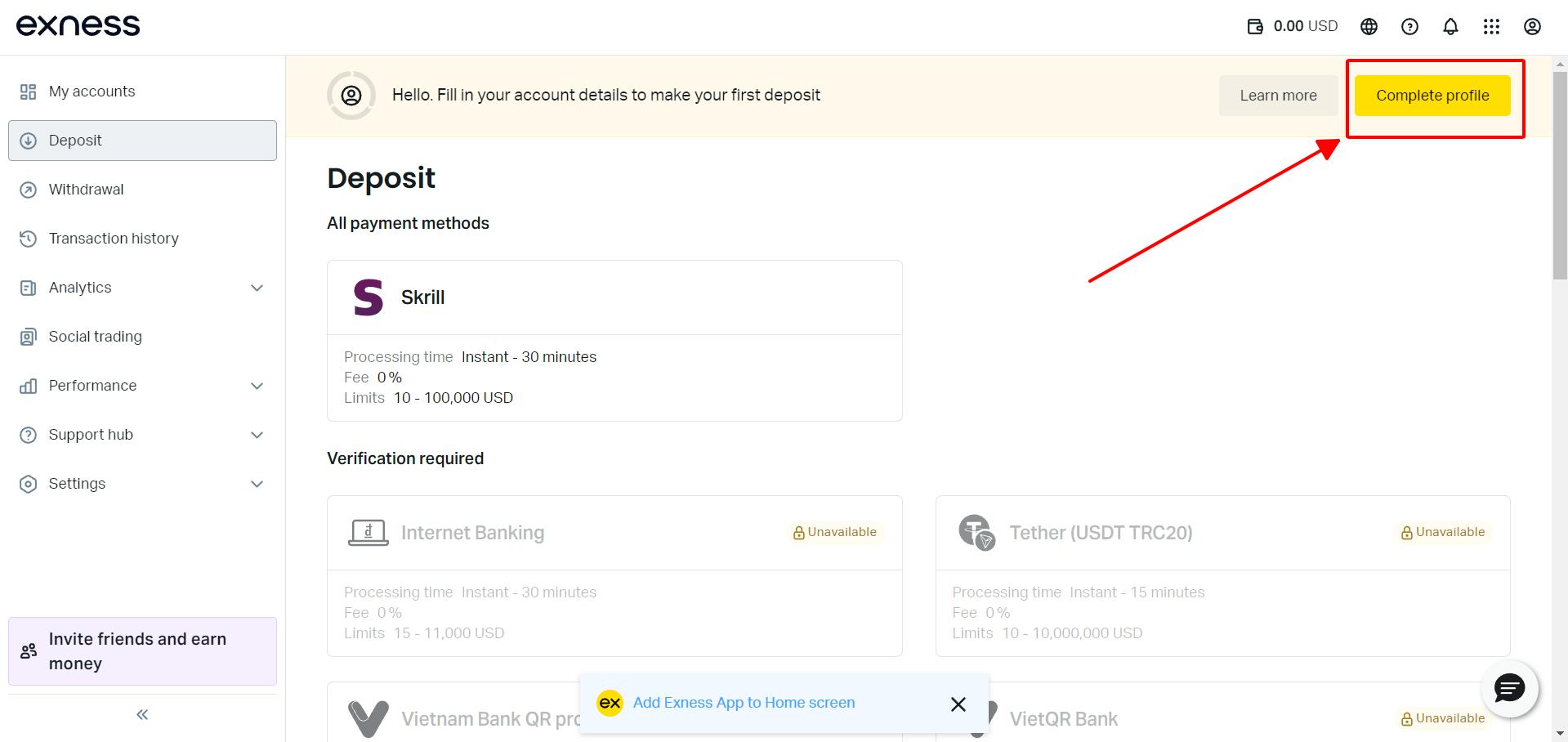 Select Complete Profile – How to Open an Exness Account (Trade Viet Stock)