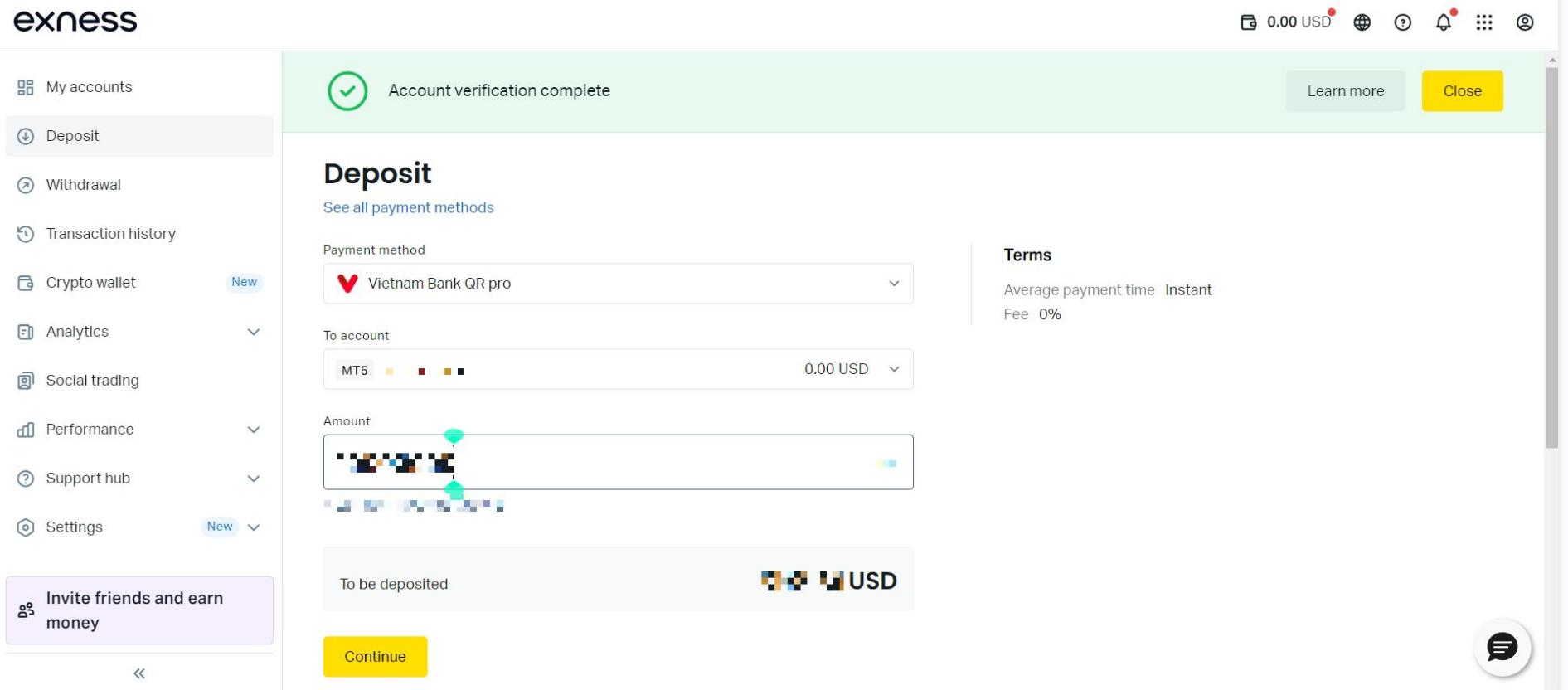 Enter Deposit Amount – Exness (Trade Viet Stock)