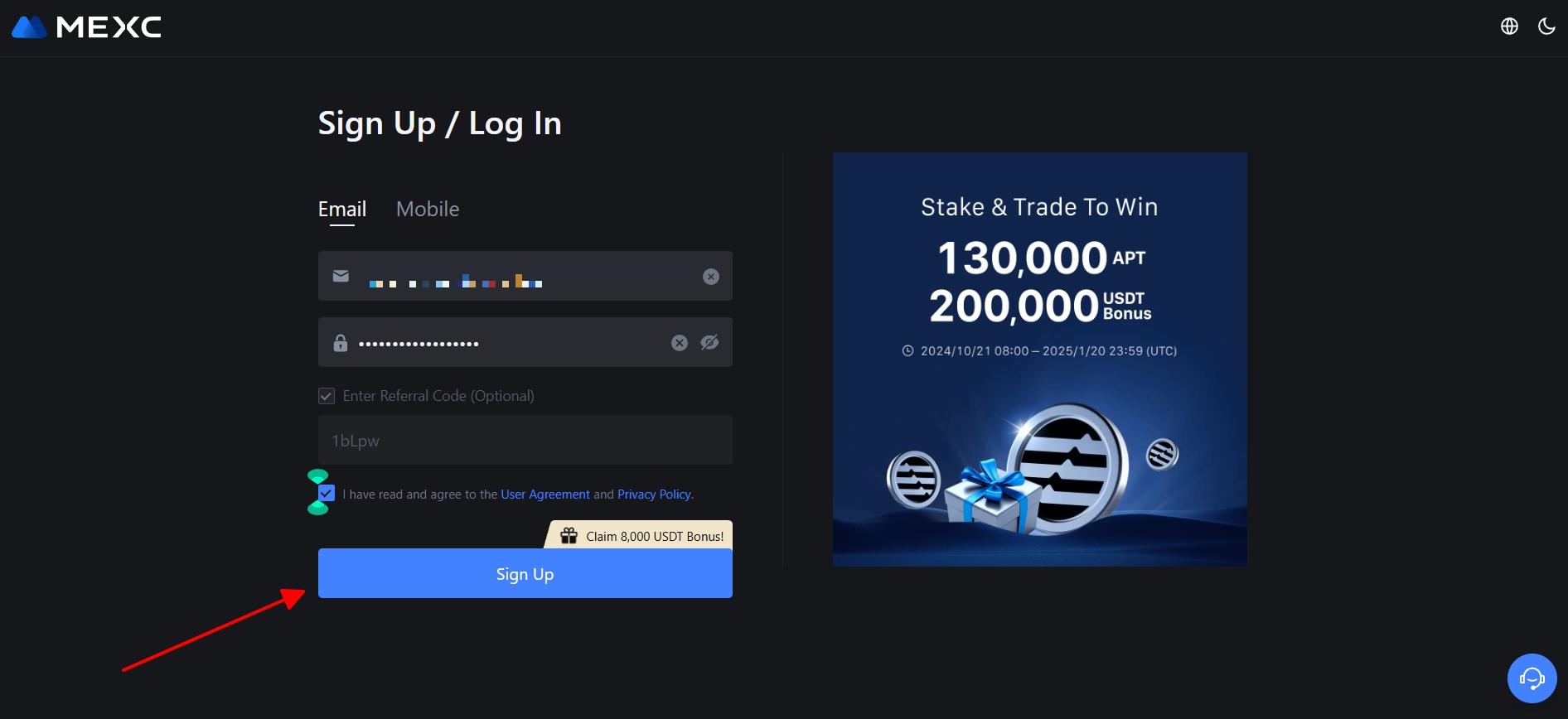 Enter your password - Guide to creating a MEXC account