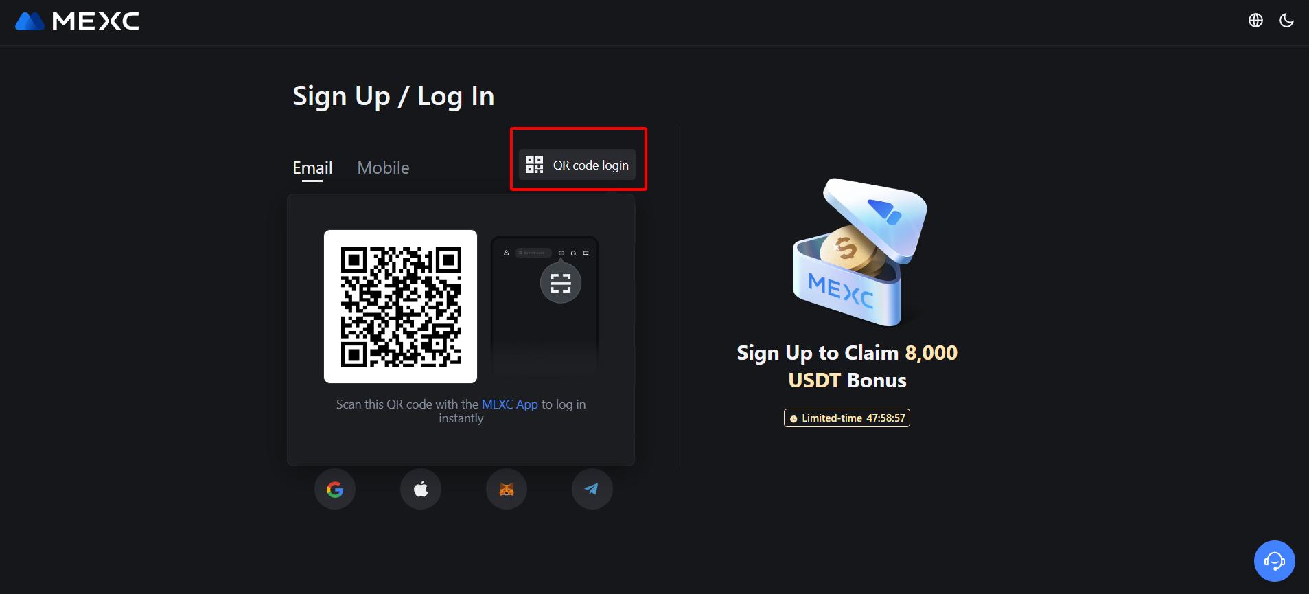Use QR code login - Guide to creating a MEXC account